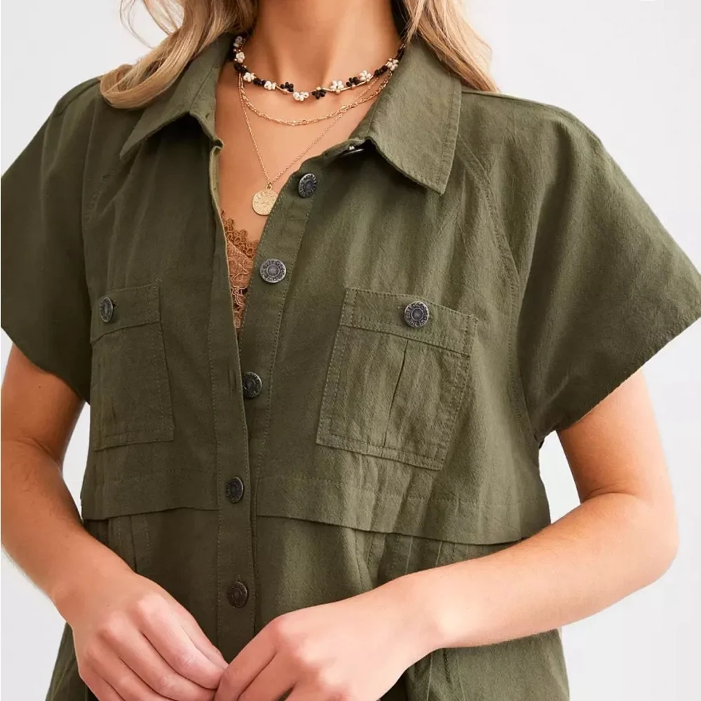 NWT Free People Ronnie Poplin Mini Dress - green - Picture 5 of 8